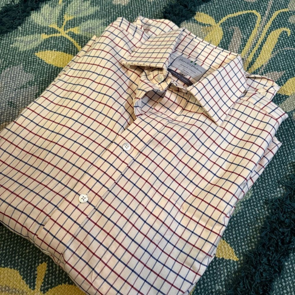 Harvie & Hudson Men's Jermyn St London Shirt Cream Navy and Red Plaid 16.5 M